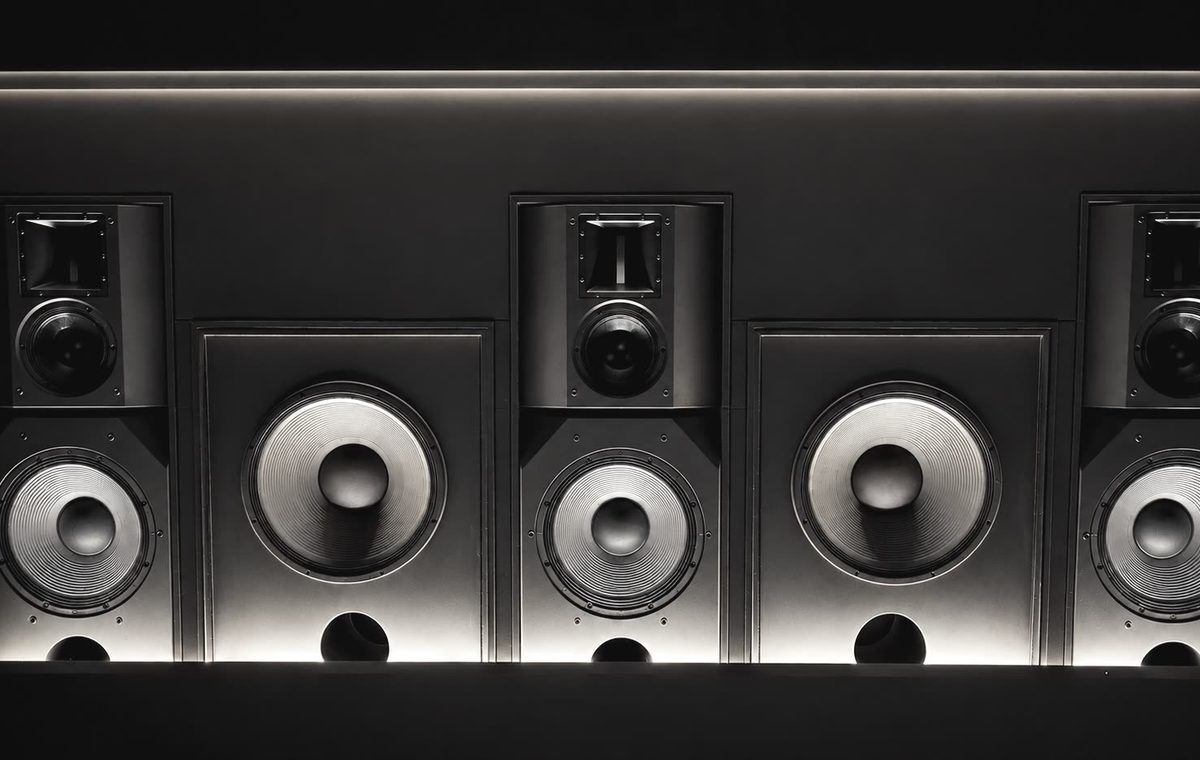 Detail of a monitor speaker wall, woofers and compression drivers